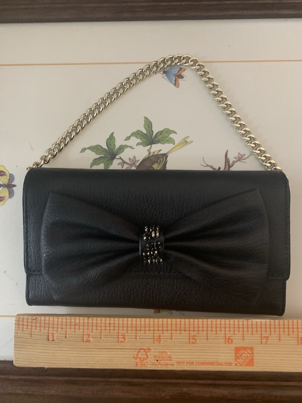 Kate Small Black Milou Place Wallet Clutch Handbag W/ Bow Rhinestone Gold Chain